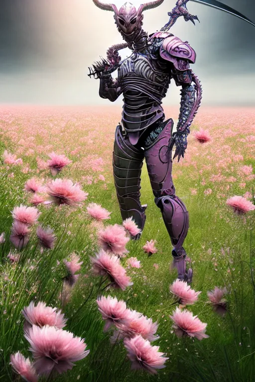 Prompt: ultrarealistic cinematic cyborg dragon holding sword in a field of pale pink flowers, highly detailed smooth digital art masterpiece, vitaly bulgarov artgerm dramatic light, ground angle uhd 8 k, sharp focus