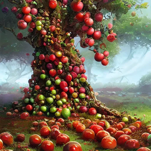 Image similar to tree made of fruits, by stanley artgerm lau, wlop, rossdraws, james jean, andrei riabovitchev, marc simonetti, yoshitaka amano, artstation, cgsociety