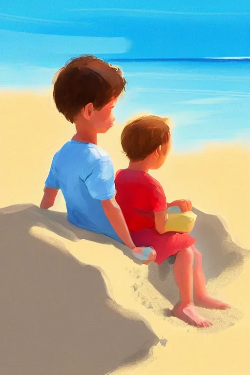 Image similar to Two children sitting on the beach, making sandcastles, blue sky, digital painting, artstation, children's book, smooth, sharp focus, behance, HD, by Benji Davies