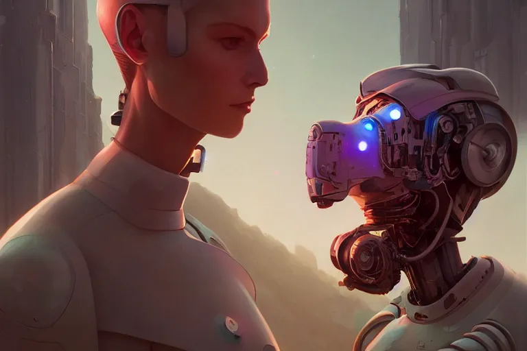 Prompt: highly detailed surreal vfx portrait of a robot android, stephen bliss, unreal engine, greg rutkowski, loish, rhads, beeple, makoto shinkai and lois van baarle, ilya kuvshinov, rossdraws, tom bagshaw, global illumination, detailed and intricate environment