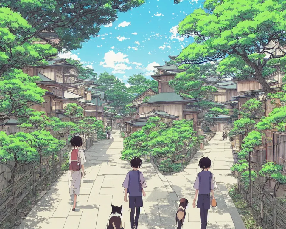 Image similar to beautiful illustration, view from behind a cat walking down the footpath in kyoto on a fine summers day, anime manga style, aesthetic, scene from the movie'your name ', makoto shinkai