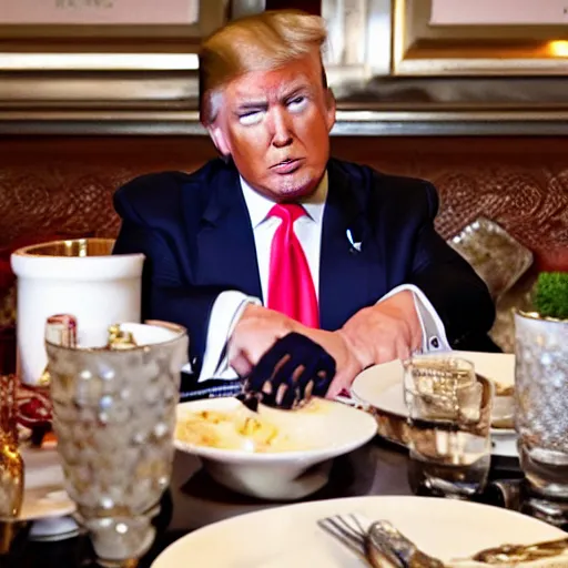 Image similar to Donald Trump doing service in restaurant, paparazzi photo, long focale shoot