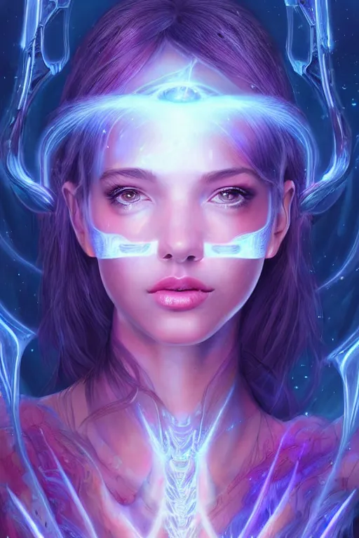 Image similar to a photographic portrait of an attractive young girl, partially clothed in ethereal armor, surrounded by colorful transparent plasma, emitting psychic powers, beautiful bone structure, perfectly proportioned face, perfect eyes, intricate, elegant, highly detailed, hyper detailed, trending on tumblr, by artgerm, by loish, fantasy scene, fantasy aesthetic, from Valerian and the City of a Thousand Planets, trending on Artstation