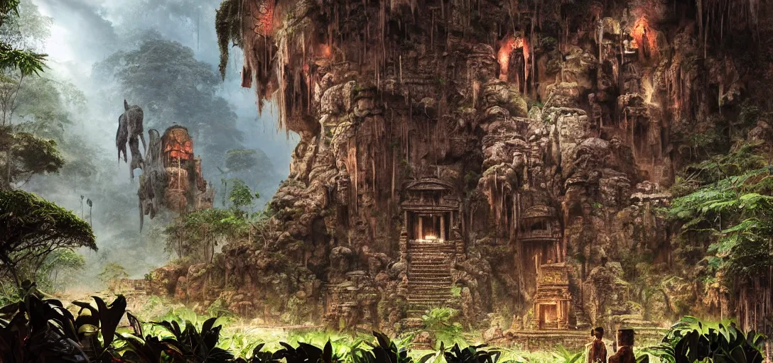 Image similar to ancient temple of doom in the exotic jungle , Dynamic lighting, cinematic, establishing shot, extremely high detail, photo realistic, cinematic lighting, , post processed denoised, concept design, concept art, artstation, matte painting, midjourney, style by alex ross, raphael lacoste, eddie mendoza