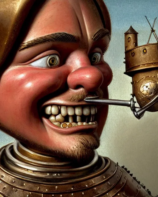 Image similar to highly detailed closeup, face profile portrait of a tin toy leonardo dicaprio as a medieval goblin eating cakes in a castle, hyper realistic, artstation, illustration, nicoletta ceccoli, mark ryden, lostfish, dan decarlo, bob clampett, max fleischer, digital paint, matte paint, vivid colors, detailed and intricate environment