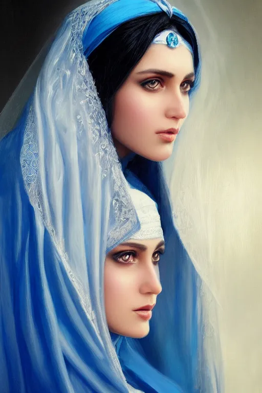 Image similar to modern arab Ameera al-Taweel, bright blue eyes, long wavy black hair, white veil, closeup, focus face, elegant, highly detailed, centered, oil painting, artstation, concept art by tom bagshaw