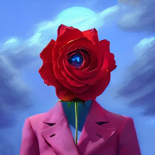 Prompt: closeup, giant rose flower as a head, portrait, girl in a suit, surreal photography, sunrise, blue sky, dramatic light, impressionist painting, digital painting, artstation, simon stalenhag