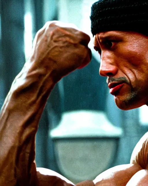 Image similar to Film still close-up shot of Dwayne Johnson as Rocky Balboa from the movie Rocky. Photographic, photography