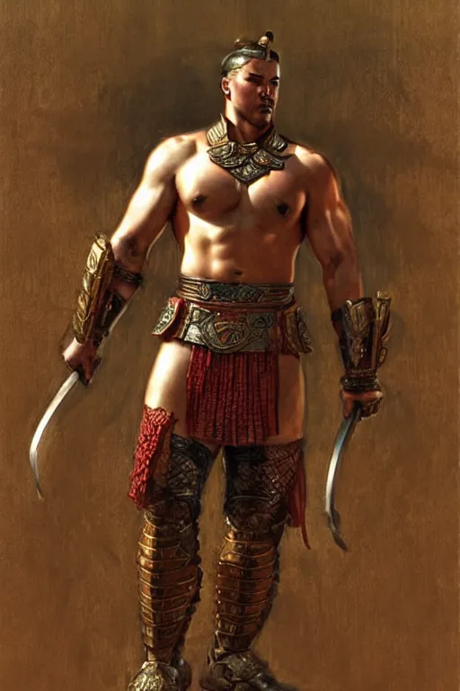 Image similar to attractive beefy male with armor, ancient china, three kingdoms, character design, painting by gaston bussiere, craig mullins, j. c. leyendecker, tom of finland