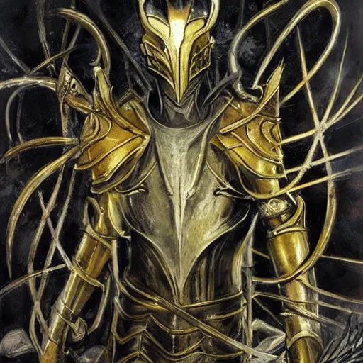 Image similar to elric of melnibone, silver and gold armor, in a metal forests, art by jeff catherine jones