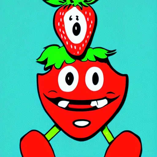 Image similar to a cute strawberry character with two front teeth, holding a yellow toothbrush, in the style of jamie hewlett