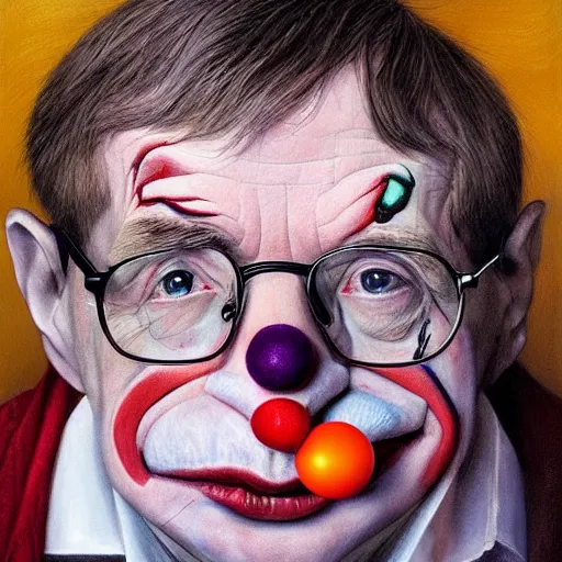 Prompt: UHD hyperrealism painting of Stephen Hawking wearing clown makeup, clown costume, correct clown face, correct clown makeup, by Antonio Caparo and Ferdinand Knab and Greg Rutkowski, UHD, photorealistic, trending on artstation, trending on deviantart, correct face, realistic clown makeup