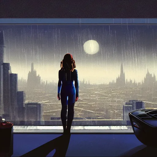 Image similar to in the style of Vincent Di Fate and Chris Moore, a young beautiful attractive girl is looking out of a window at a vast futuristic city, the city fills the background, it is raining , very highly detailed, 8k, wallpaper