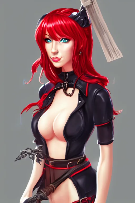Prompt: Portrait of Female Paladin, french maid, black skintight shirt, red hair, blue eyes, fair skin, broomstick, gorgeous, high fantasy, artstation