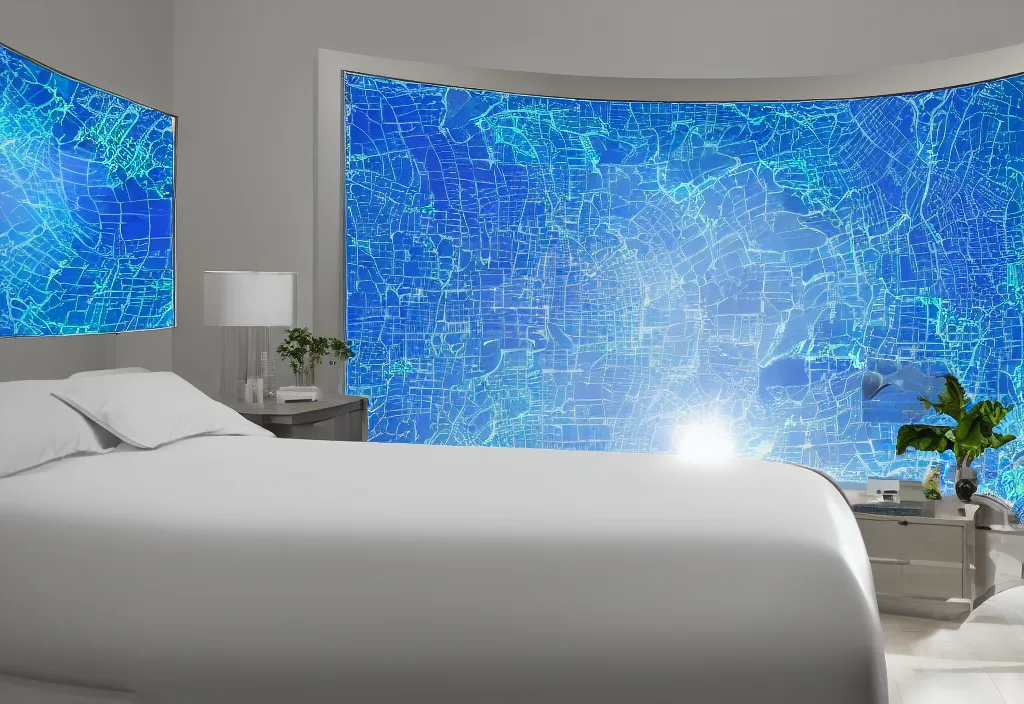 Image similar to curved translucent bedsheets projecting detailed florida weathermap, pixel perfect photograph, high contrast, volumetric lighting, thin glowing lights, bedroom, visor, users, pair of keycards on table