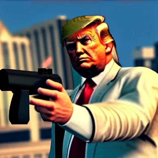 Image similar to donald trump with five stars in gta v gameplay, ps 5 screenshot, third person view, gameplay, 3 d render, cryengine, highly detailed