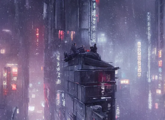 Image similar to man sitting on top of building ledge snowing snowy film photo night time serene city scape (((Wadim Kashin Wenjun Lin Bladerunner2049))) ((somber melancholic))