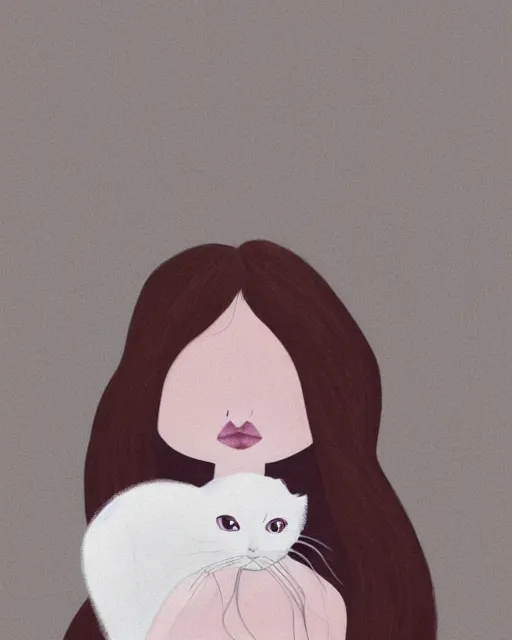 Prompt: a portrait of a young woman with very long pink hair undulating on the wind, light brown eyes, slightly chubby, pale skin, pretty, cute, holding a white cat. by viorie and laia lopez