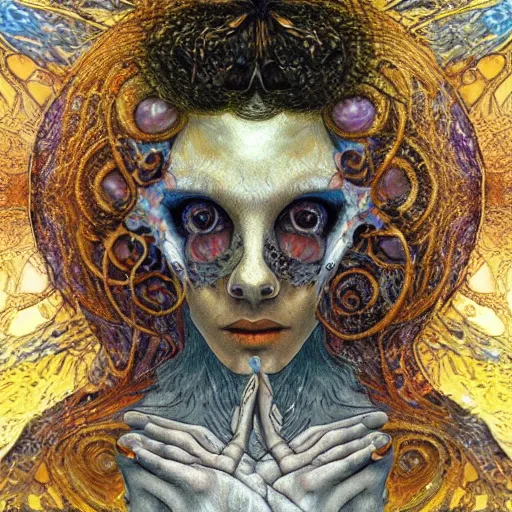 Image similar to Memento Mori by Karol Bak, Jean Deville, Gustav Klimt, and Vincent Van Gogh, beautiful visionary mystical portrait, otherworldly, fractal structures, ornate gilded medieval icon, third eye, spirals