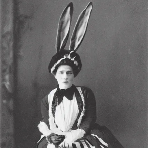 Image similar to a rabbit dressed as an edwardian woman, black and white old photograph