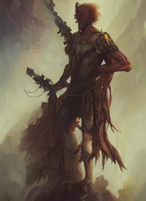 Image similar to photo of medieval tribal warrior ultra realistic, blade runner, peter mohrbacher, boris vallejo, saturated colors