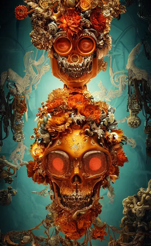 Prompt: a 3d Letter A with a large glowing orange crystal in the center, bronze cyberpunk style statue, mechanical chrysanthemums, flowing aqua silk, fabric, steampunk flowers. baroque elements, human skull. full-length view. baroque element. intricate artwork by caravaggio. many flying horses on background. Trending on artstation, octane render, cinematic lighting from the right, hyper realism, octane render, 8k, depth of field, 3D