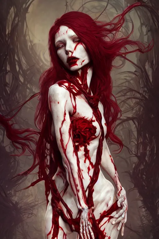 Image similar to woman skeleton covered with blood, long red hair, ultra realistic, concept art, intricate details, highly detailed, photorealistic, octane render, 8 k, unreal engine. art by artgerm and greg rutkowski and alphonse mucha