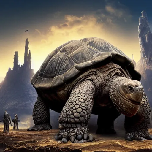 Prompt: giant tortoise towering over a harsh barren sandy wasteland with a large fantasy castle rising from the top, distant shot angled slightly down, fantasy, hyper detailed, 4 k, howls moving castle, mortal engines, kaiju,