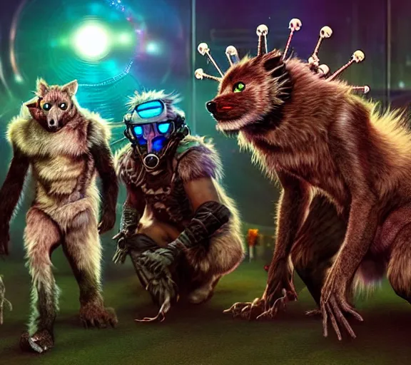 Image similar to high - resolution photograph from a biopunk era furry fandom convention ( midwest furfest 2 0 4 7 ), taking place after the genetic revolution and quantum singularity. photorealistic.