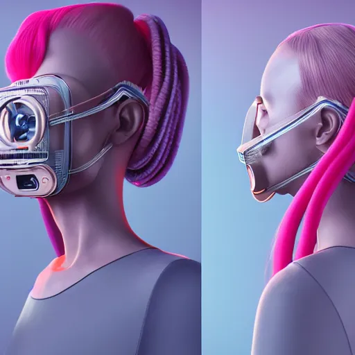 Image similar to intense futuristic bespoke vr headset respirator with long cables like dreadlocks on a set of twin humble hypebeasts, by ilya kuvshinov and james jean and sorayama and ikeuchi and hyein seo and hiroya oku and gilleard james, artstation trending, 8 k, 3 d render, photorealistic, volumetric lighting caustics, pink