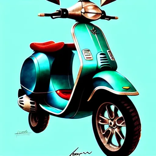 Image similar to a turquoise vespa moped, realistic, concept art, intricate details, detailed, photorealistic, pencil and watercolor, art by artgerm and greg rutkowski