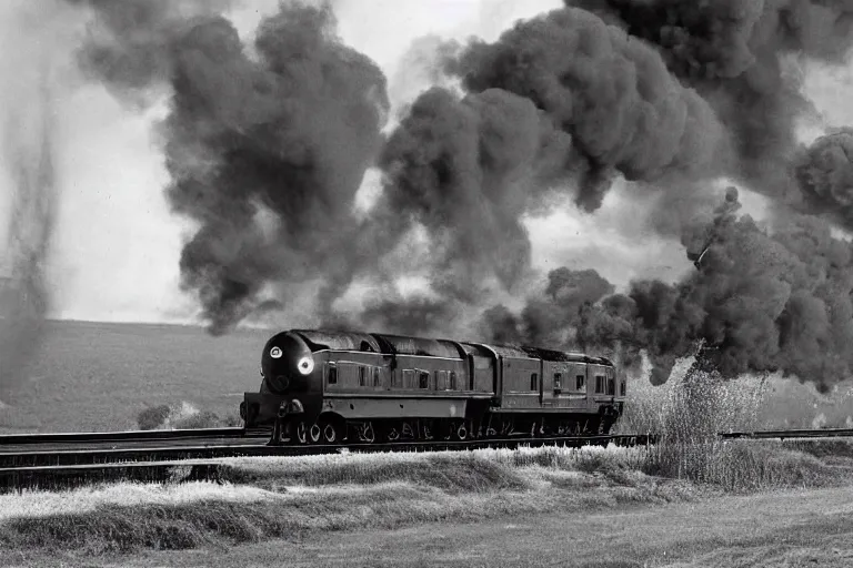 Image similar to black and white photograph of the lner a 4 mallard thundering down the rails at high speed, black smoke wooshing from the locomotive, cinematic, volumetric light, f 6 aperture, cinematic eastman 5 3 8 4 film