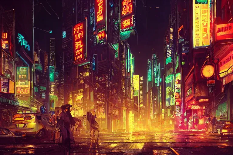 Image similar to bustling neon cyberpunk street, nighttime!!, illustrated by ricardo bofill, greg rutkowski, and amano yoshitaka, trending on artstation, golden ratio!!!, centered!!!, unsplash!!!!, cgsociety contest winner, zbrush!!!, 4 k, 8 k