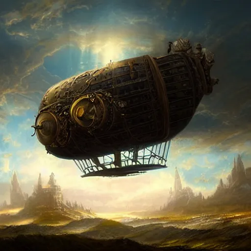 Image similar to a steampunk airship flying over a magical dark landscape, antique, ornate, beautiful clouds, translucent, illuminated from behind, adventurous, matte painting