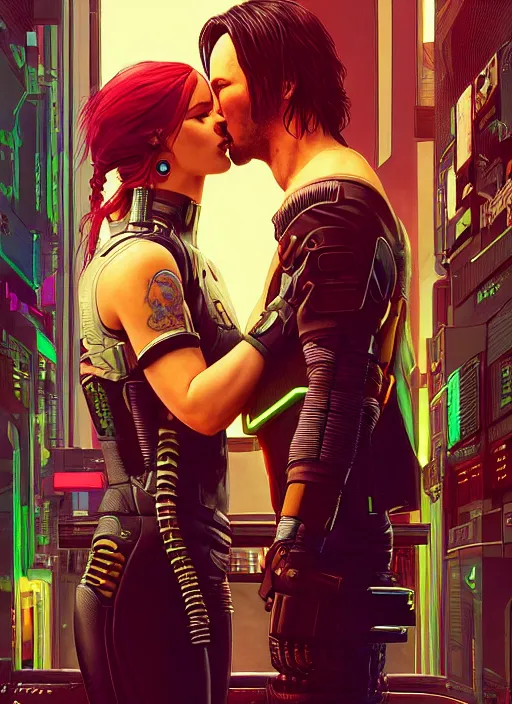 Image similar to a cyberpunk 2077 couple portrait of Keanu Reeves & female android in final kiss,love,film lighting,by Laurie Greasley,Lawrence Alma-Tadema,Dan Mumford,artstation,deviantart,FAN ART,full of color,Digital painting,face enhance,highly detailed,8K,octane,golden ratio,cinematic lighting