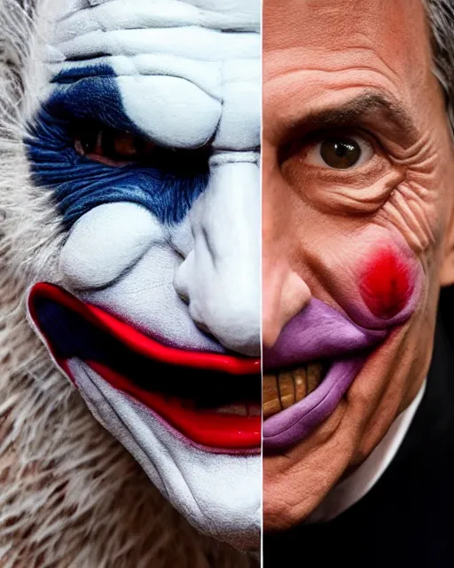 Image similar to Mauricio Macri in Elaborate Joker Makeup and prosthetics designed by Rick Baker, Hyperreal, Head Shots Photographed in the Style of Annie Leibovitz, Studio Lighting, Mauricio Macri with an angry cat in his hand