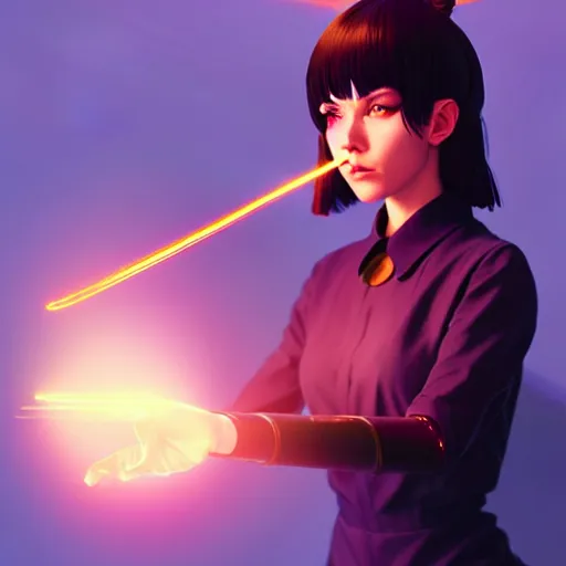 Image similar to a woman holding a magic wand casting a spell, concept art by Ilya Kuvshinov, contest winner, fantasy art, official art, concept art, high detail, experimental, high quality, hyperrealistic, 4k