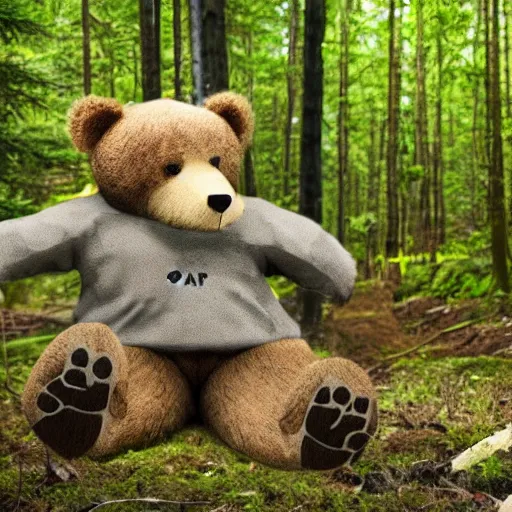 Prompt: a bear as a field news reporter in the forest, photograph