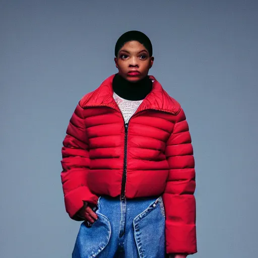 Image similar to realistic photoshooting for a new balenciaga lookbook, color film photography, portrait of a beautiful woman, woman is wearing a puffer jacket, in style of Tyler Mitchell, 35mm,