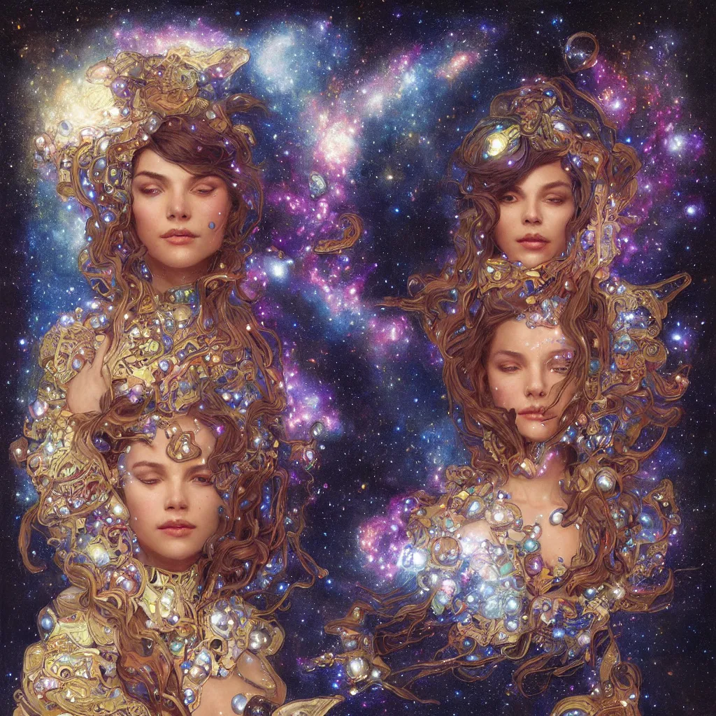 Image similar to portrait of a cosmic goddess, suit made out of stars and galaxies and cosmic energy, intricate, headshot, highly detailed, digital painting, artstation, concept art, sharp focus, cinematic lighting, illustration, art by artgerm and greg rutkowski, alphonse mucha, cgsociety