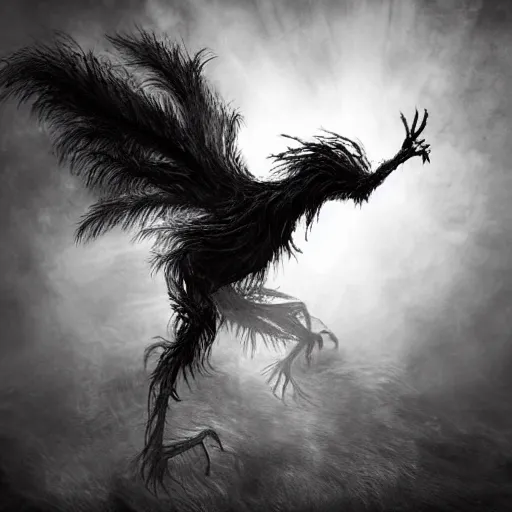 Image similar to a haunting human bird creature with broken limbs, horrifying ultra detailed photograph with dramatic lighting and fur and hair and bones and nightmares