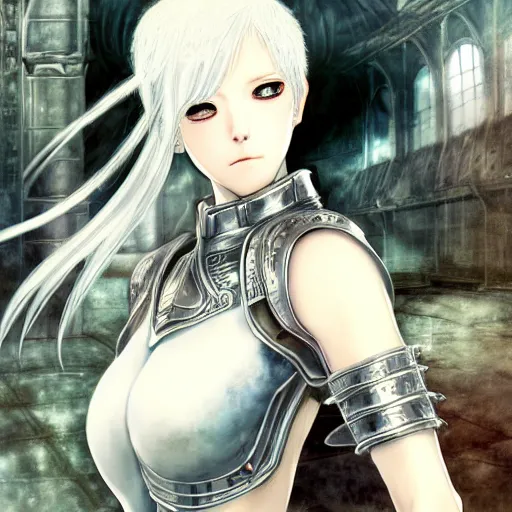 Image similar to renaissance oil portrait, blurry and dreamy yoshitaka amano style illustration, realistic anime girl with white hair and black eyes, elden ringstyle armor with engraving, highly detailed, ruined throne room in the background, strange camera angle, three - quarter view, noisy film grain effect