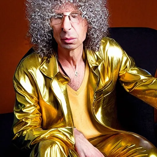 Prompt: photo of howard stern sitting on a golden toilet