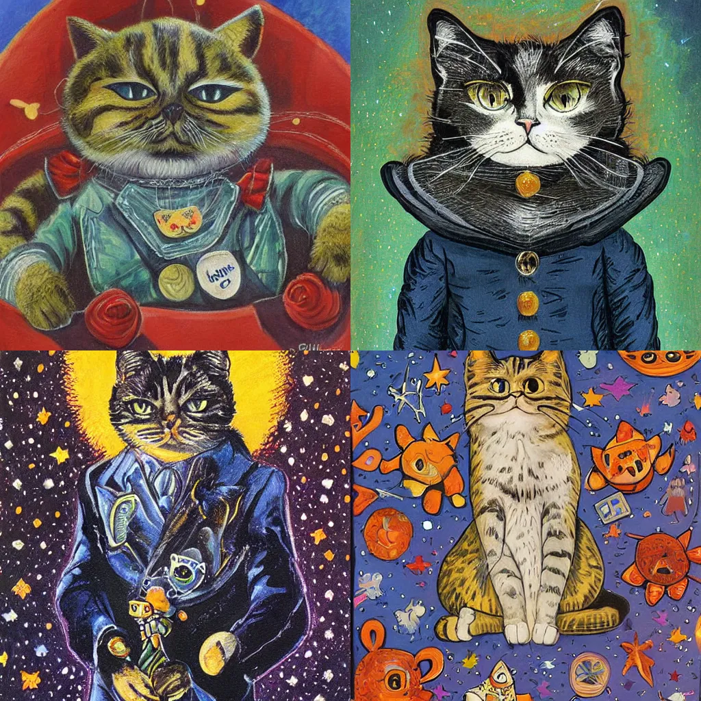 Prompt: A cat wearing an astronault suit Beautiful artwork detailed painting by Louis Wain by Greg Rutkowsky by Lisa Keene