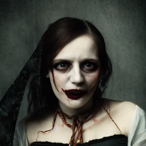 Image similar to dark schizophrenia portrait, death not dresses body woman in medieval dress, strangled with rope, blur effect face, victorian style, high detail