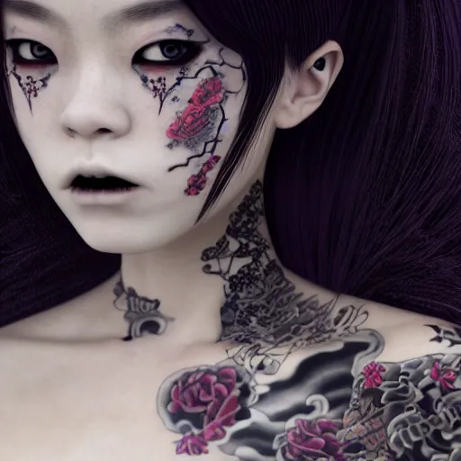 Image similar to japanese gothic model with maximalist hair style and kanji tattoos, dark colors, fashion model, portrait shot, depth of field, 8 k, hyper detailed, intricate, trending on artstation