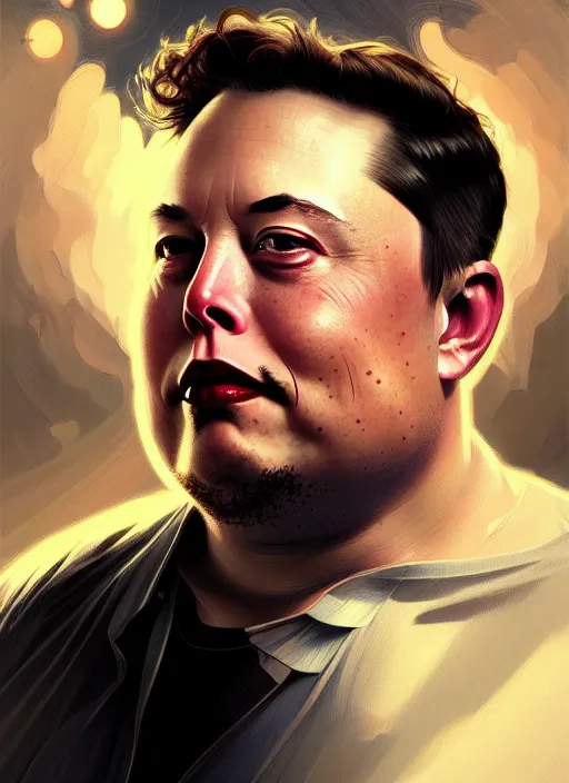 Prompt: obese elon musk, portrait, intricate, elegant, highly detailed, digital painting, artstation, concept art, wallpaper, smooth, sharp focus, illustration, art by artgerm and greg rutkowski and alphonse mucha