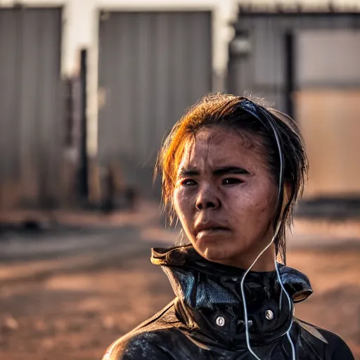 Image similar to photographic portrait of a poor techwear woman holding back tears, a futuristic shanty town burns in the background, closeup, sigma 85mm f/1.4, 4k, depth of field, high resolution, 4k, 8k, hd, full color