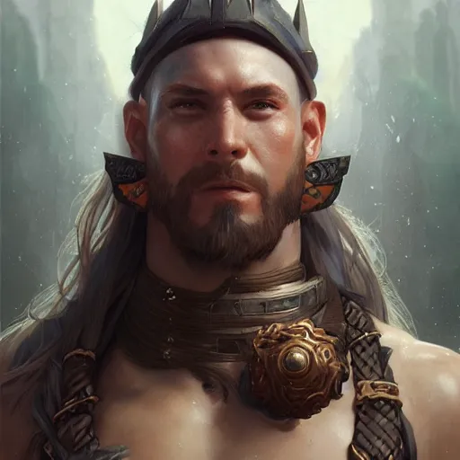 Image similar to portrait of a fantasy barbarian, highly detailed, digital painting, art by Stanley Lau and Artgerm and Greg Rutkowski and Alphonse Mucha, artstation, octane render, cgsociety