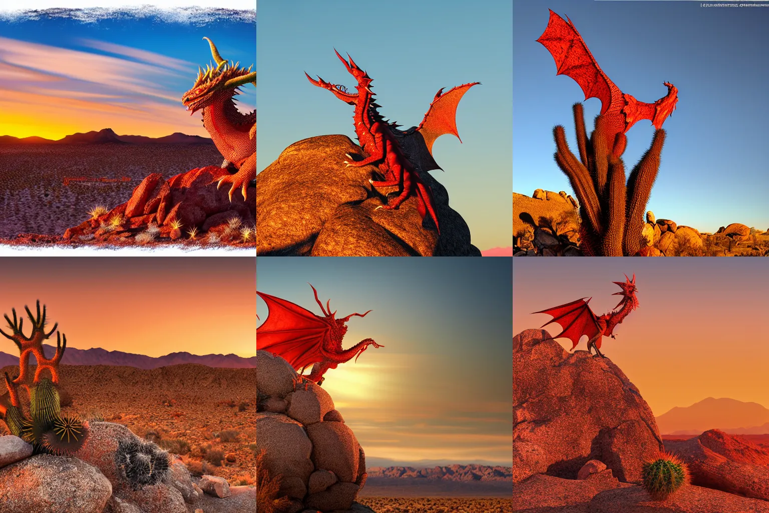 Prompt: giant red dragon perched on a rock in the mojave desert at sunset. cholla and prickly pear cactus. rocky ground with mountains on the horizon. photorealistic. highly detailed. 4 k.